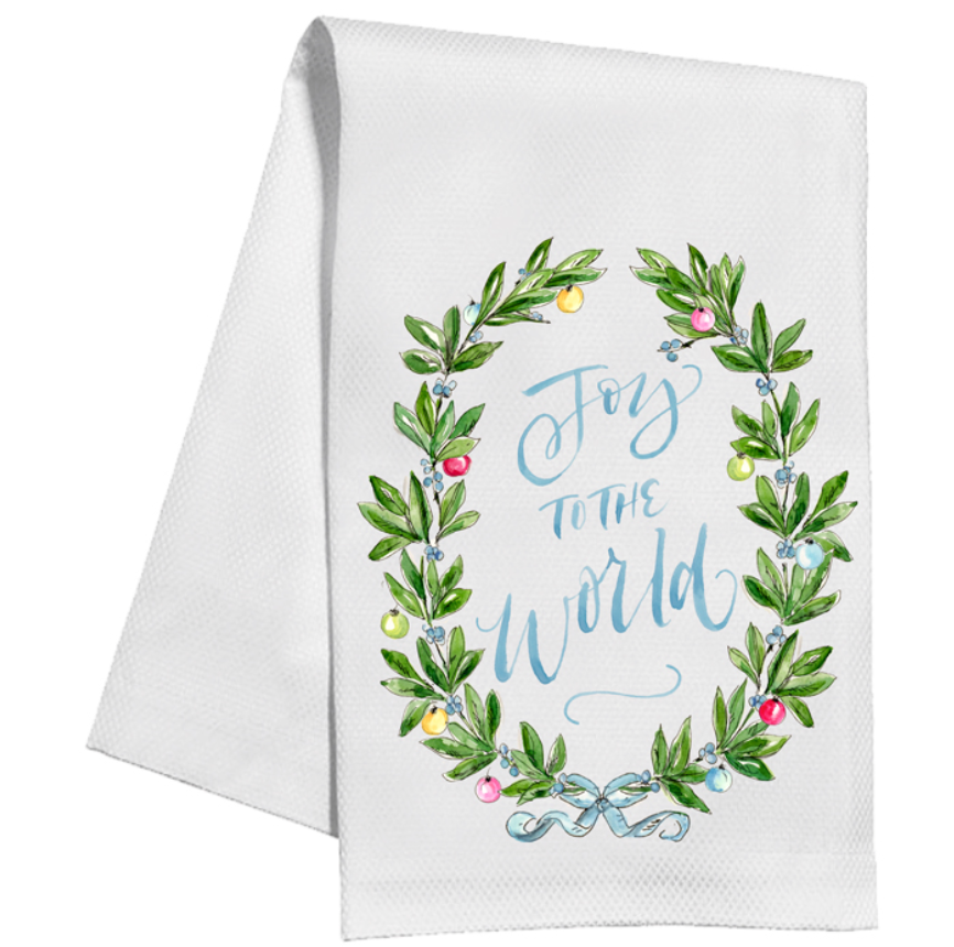 Kitchen Towel, Joy to the World Greenery with Blue Bow