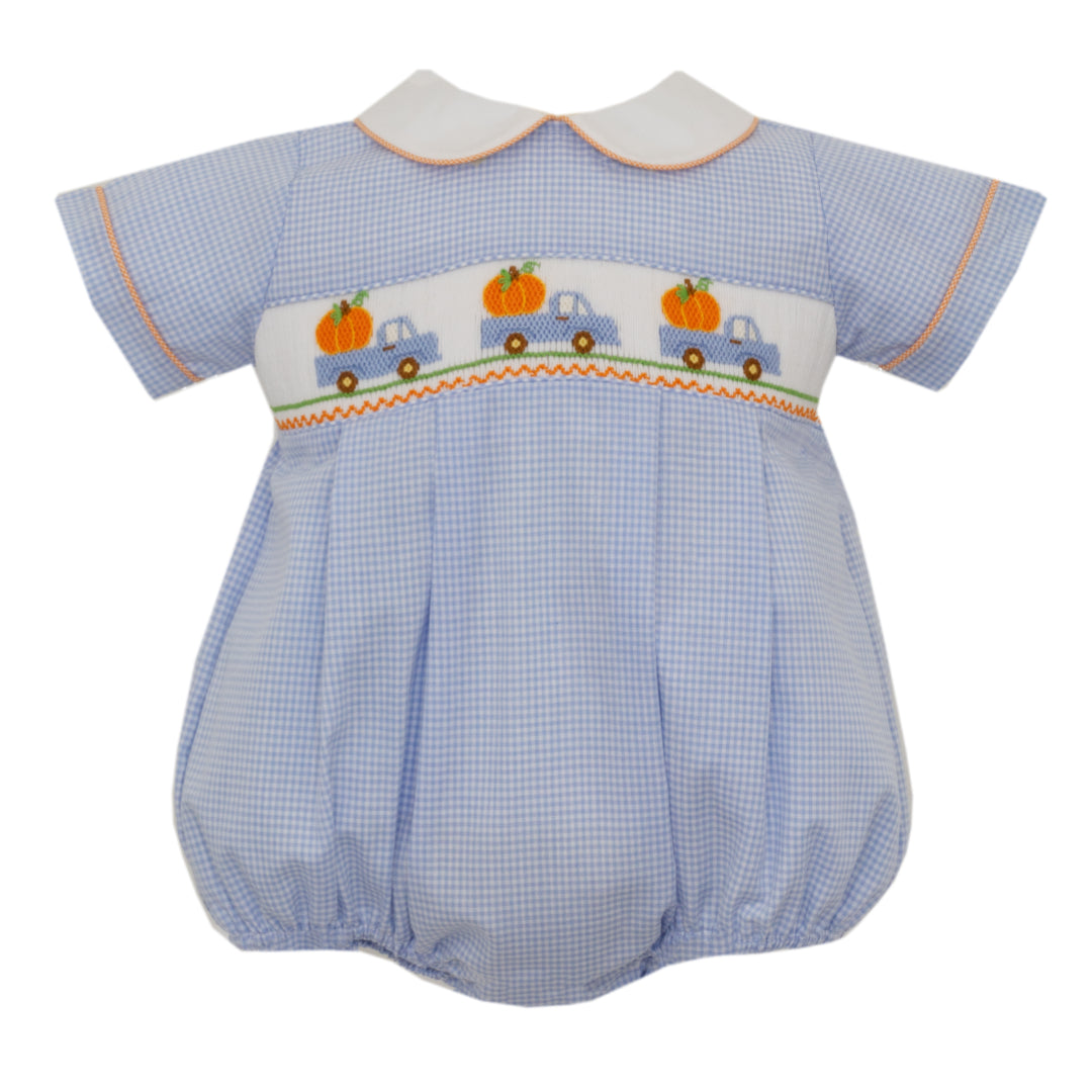 Boy's Pumpkin Truck Smocked Blue Gingham Bubble