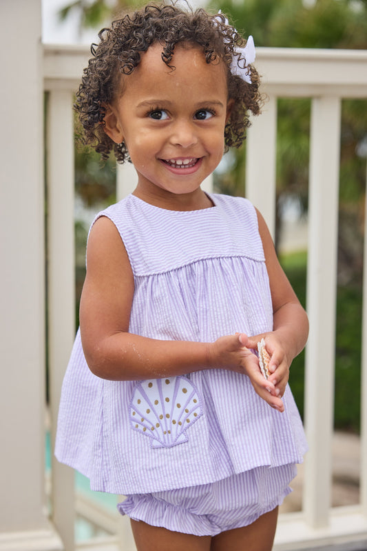 Little English traditional children's clothing. Lavender stripe seersucker diaper set with sea shell applique for baby girls for spring