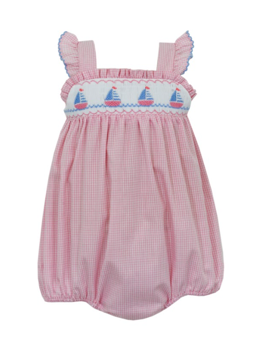 Girl's Sailboat Smocked Pink Gingham Sun Bubble