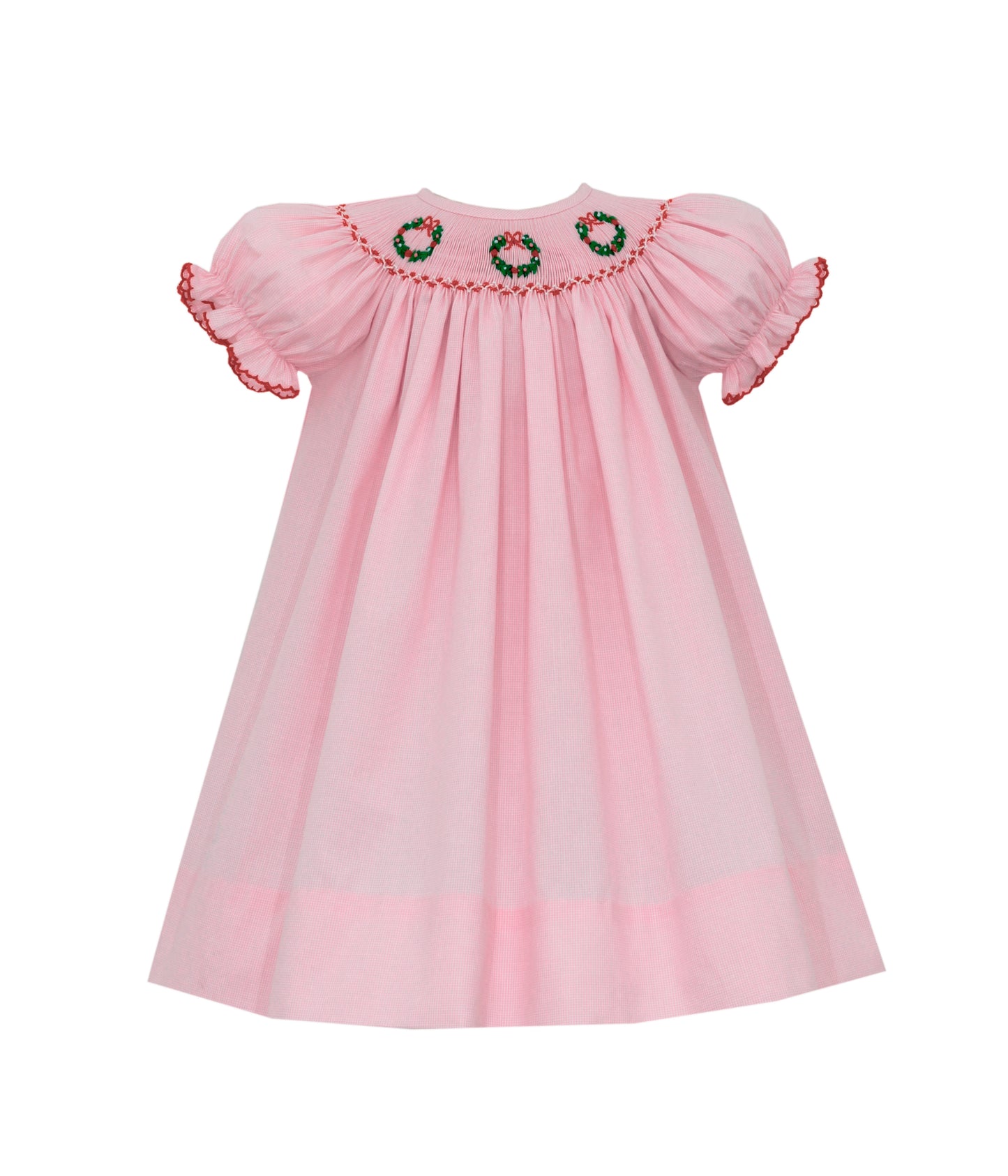 Girl Short Sleeve Wreaths Smocked Bishop Pink Dress