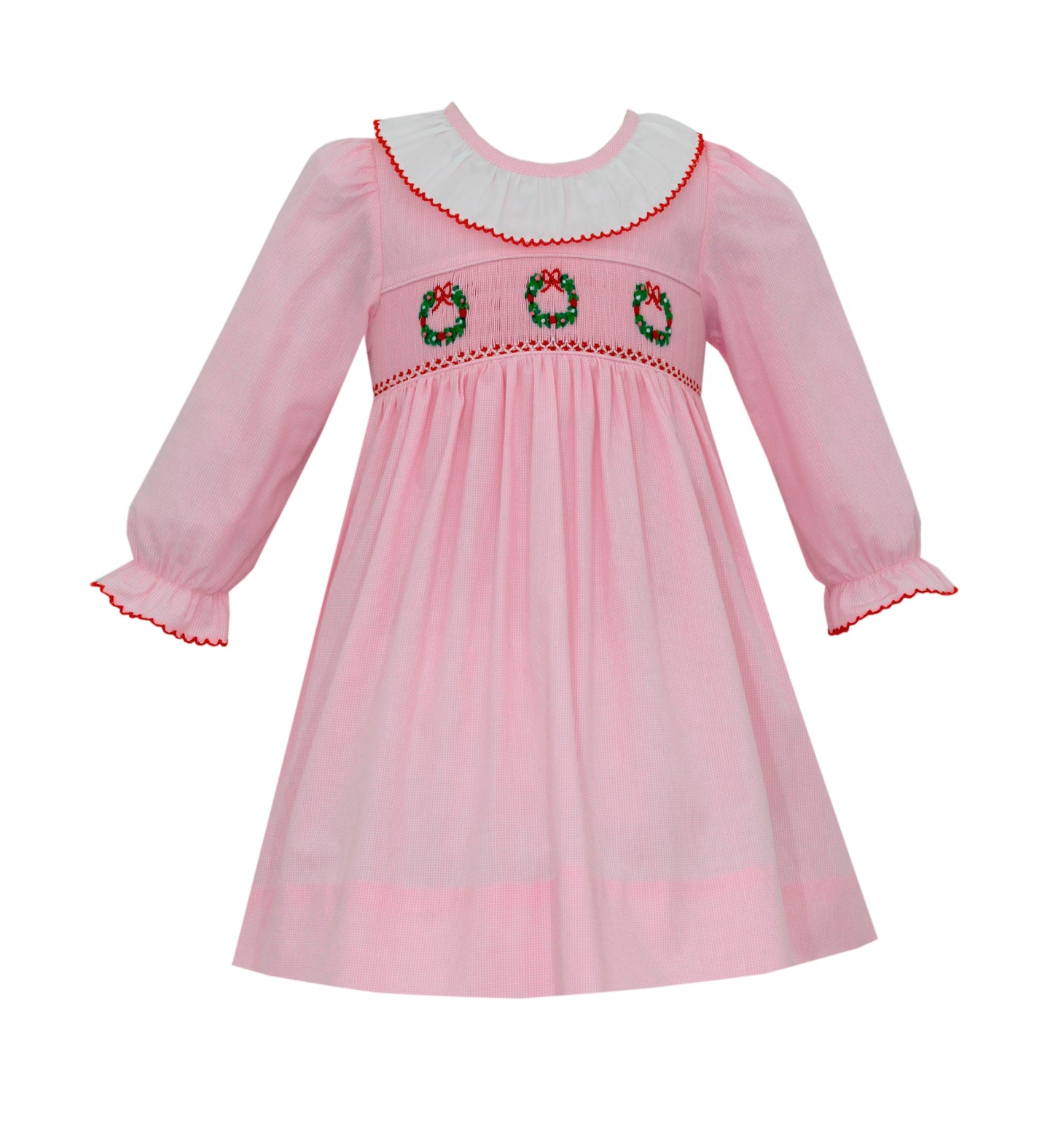 Girl Long Sleeve Wreaths Smocked Pink Dress