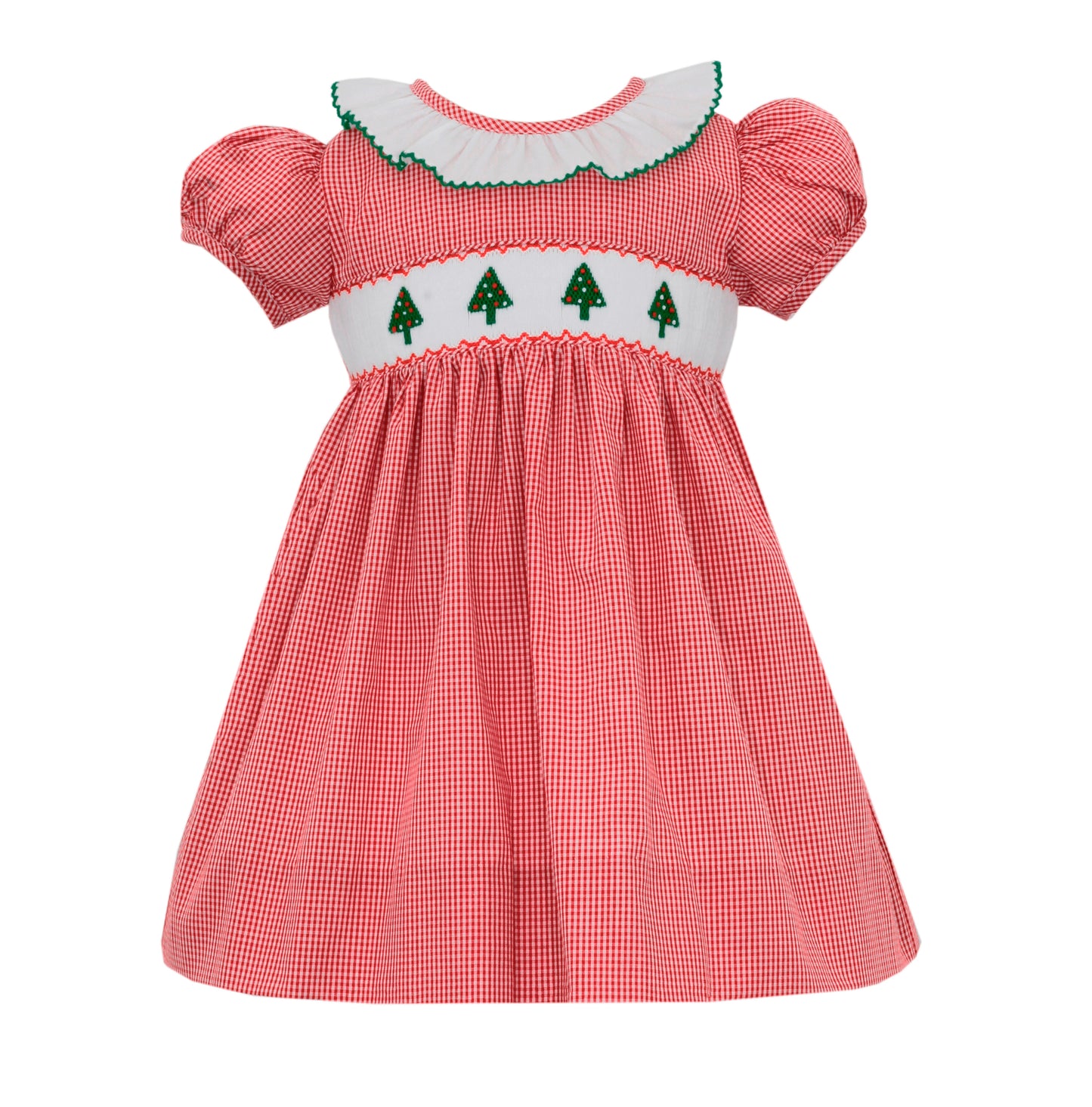 Girl Short Sleeve Trees Smocked Red Gingham Dress