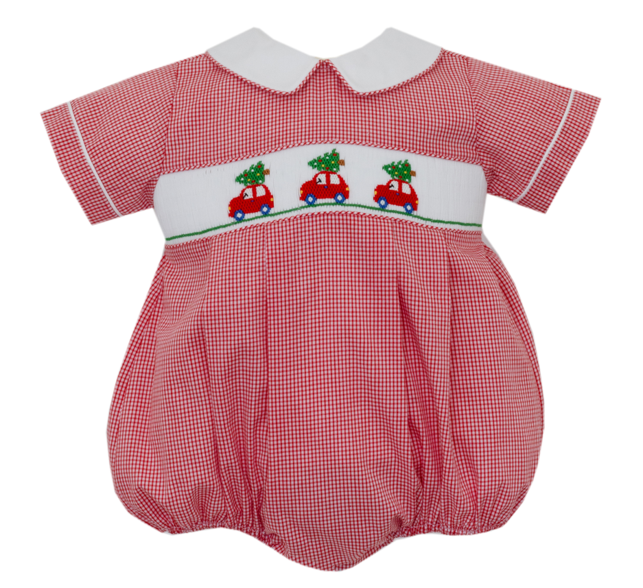 Boy's Car with Christmas Tree Smocked Red Check Bubble