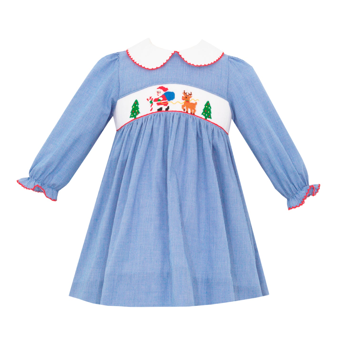 Girl Long Sleeve Santa Smocked Blue Dress