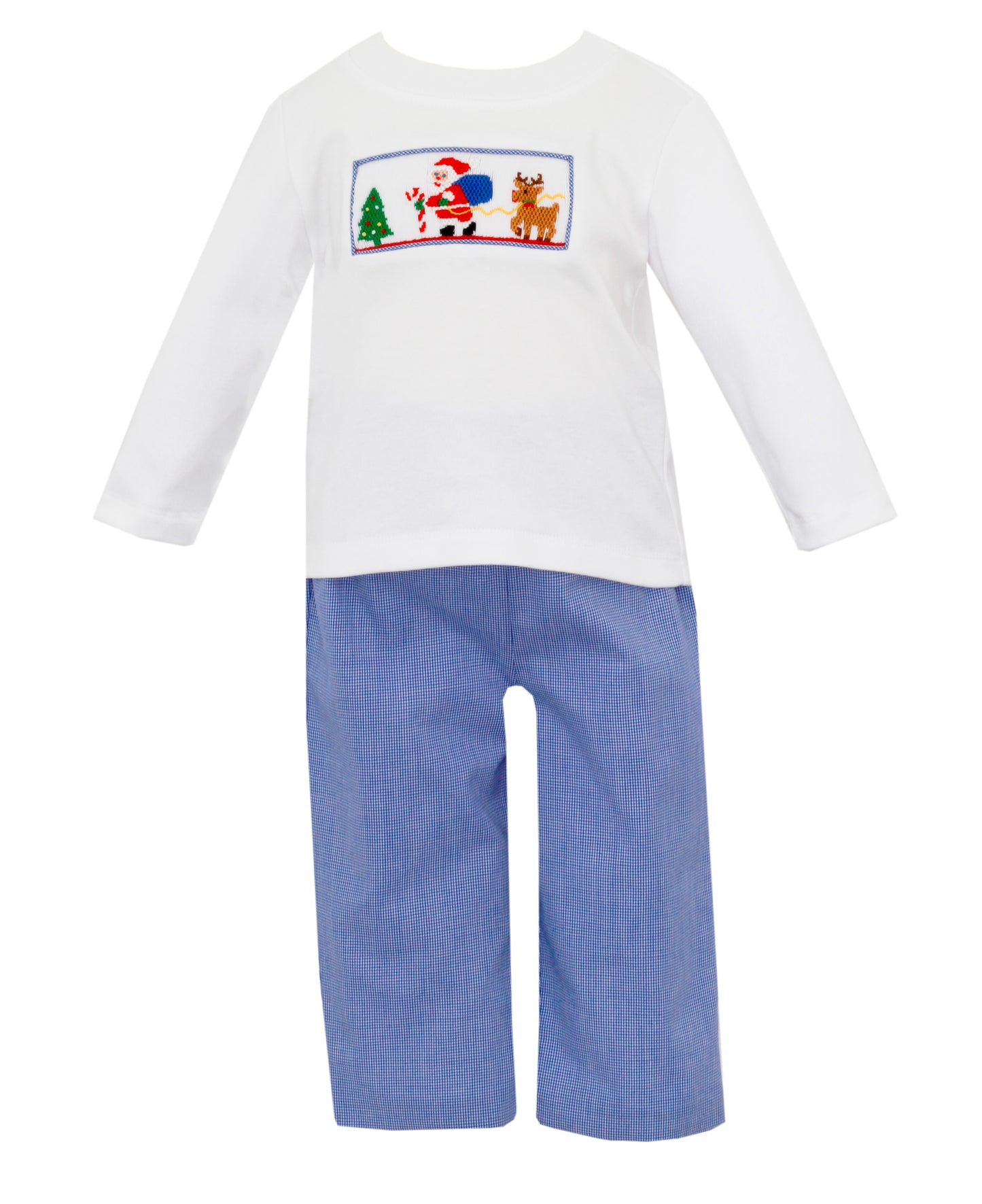 Boy Smocked Santa T-Shirt & Blue Check Pant Set