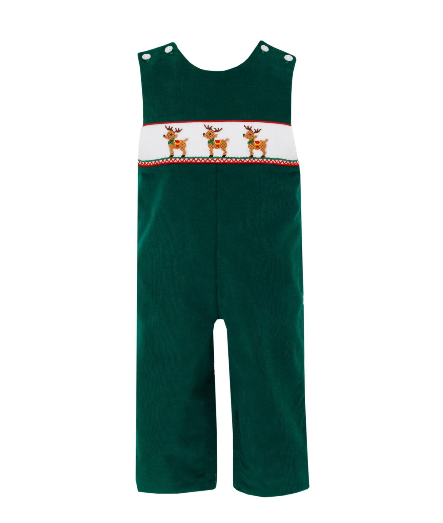 Boy Smocked Reindeer Green Cord Long John John