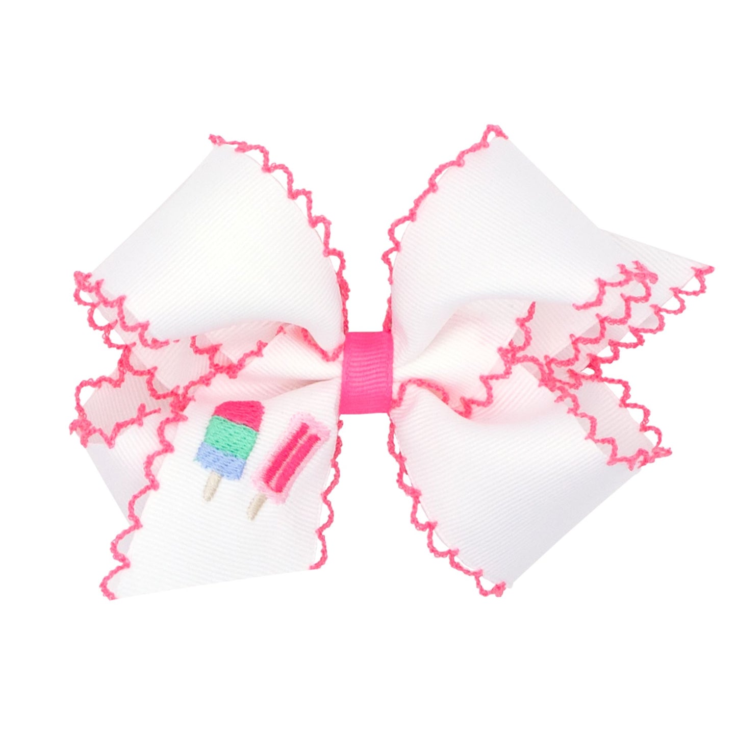 Medium Embroidered Popsicle Hair Bow, White with Bright Pink