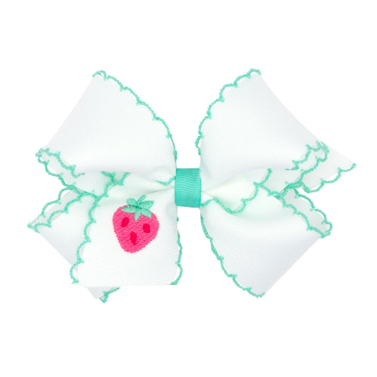 Medium Embroidered Strawberry Hair Bow, White with Mint Green