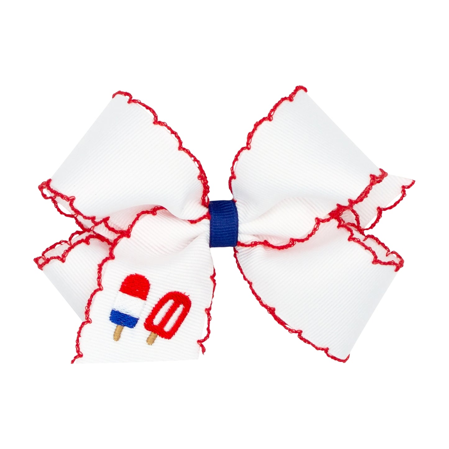 Medium Patriotic Popsicle Embroidered Hair Bow, White with Red