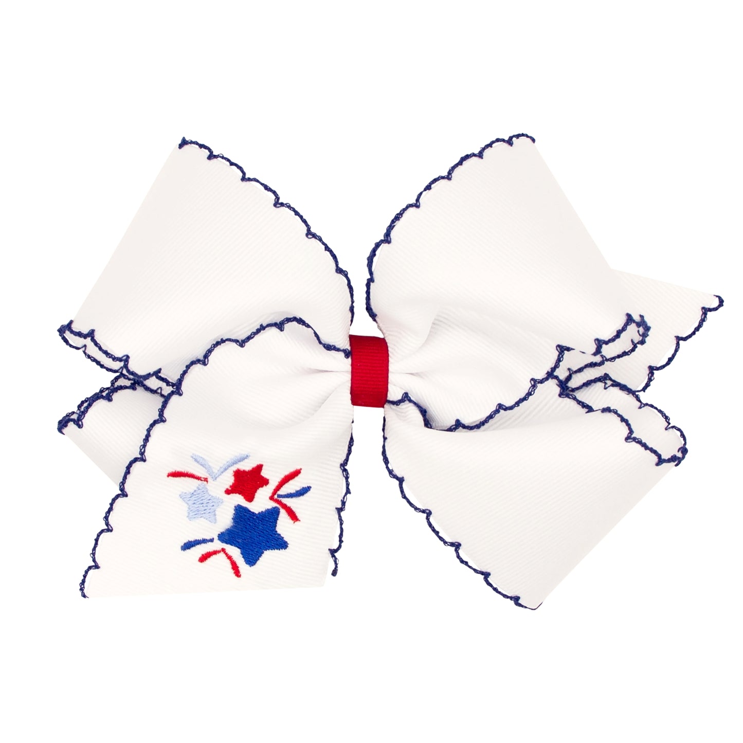 King Fireworks Embroidered Hair Bow, White with Blue