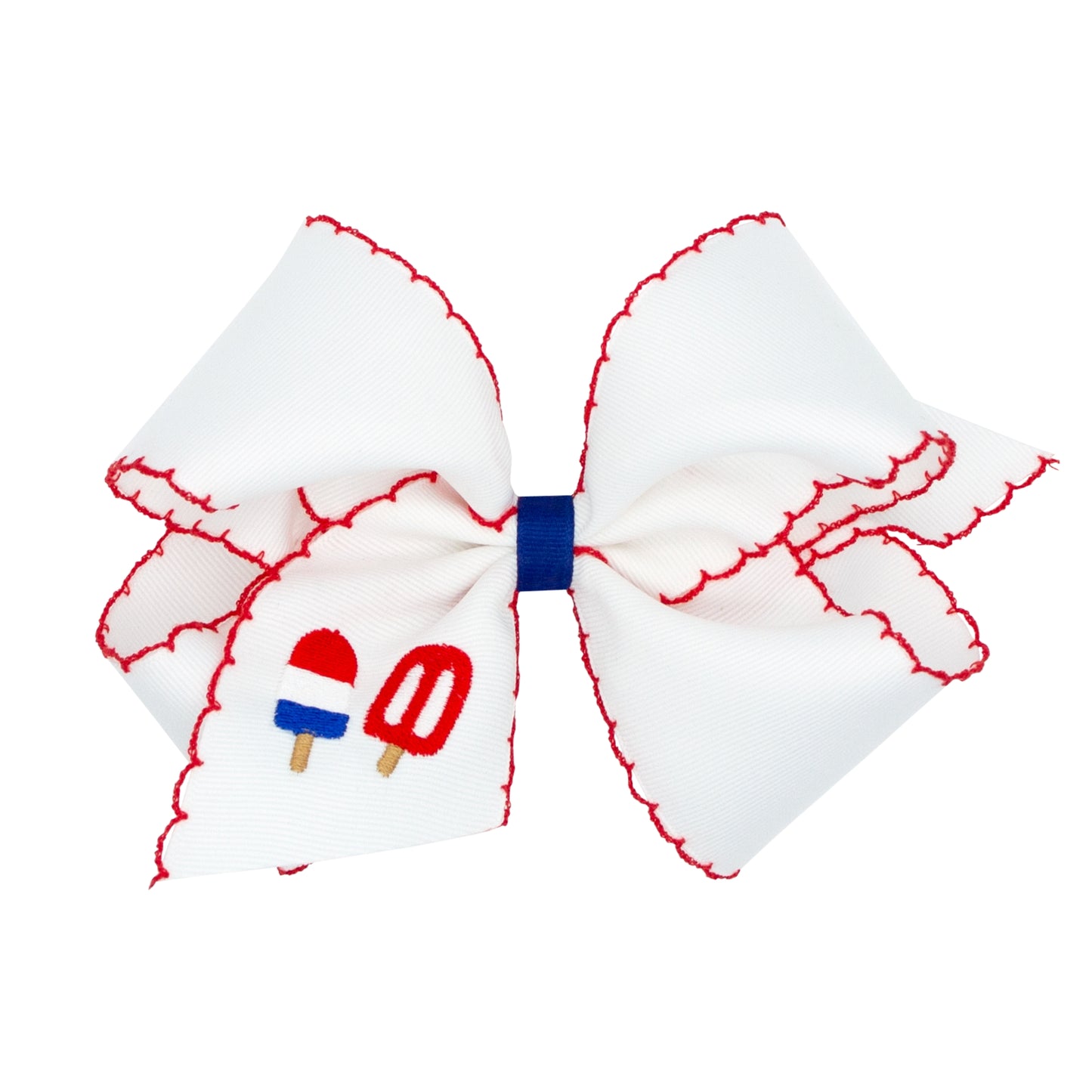King Patriotic Popsicle Embroidered Hair Bow, White with Red