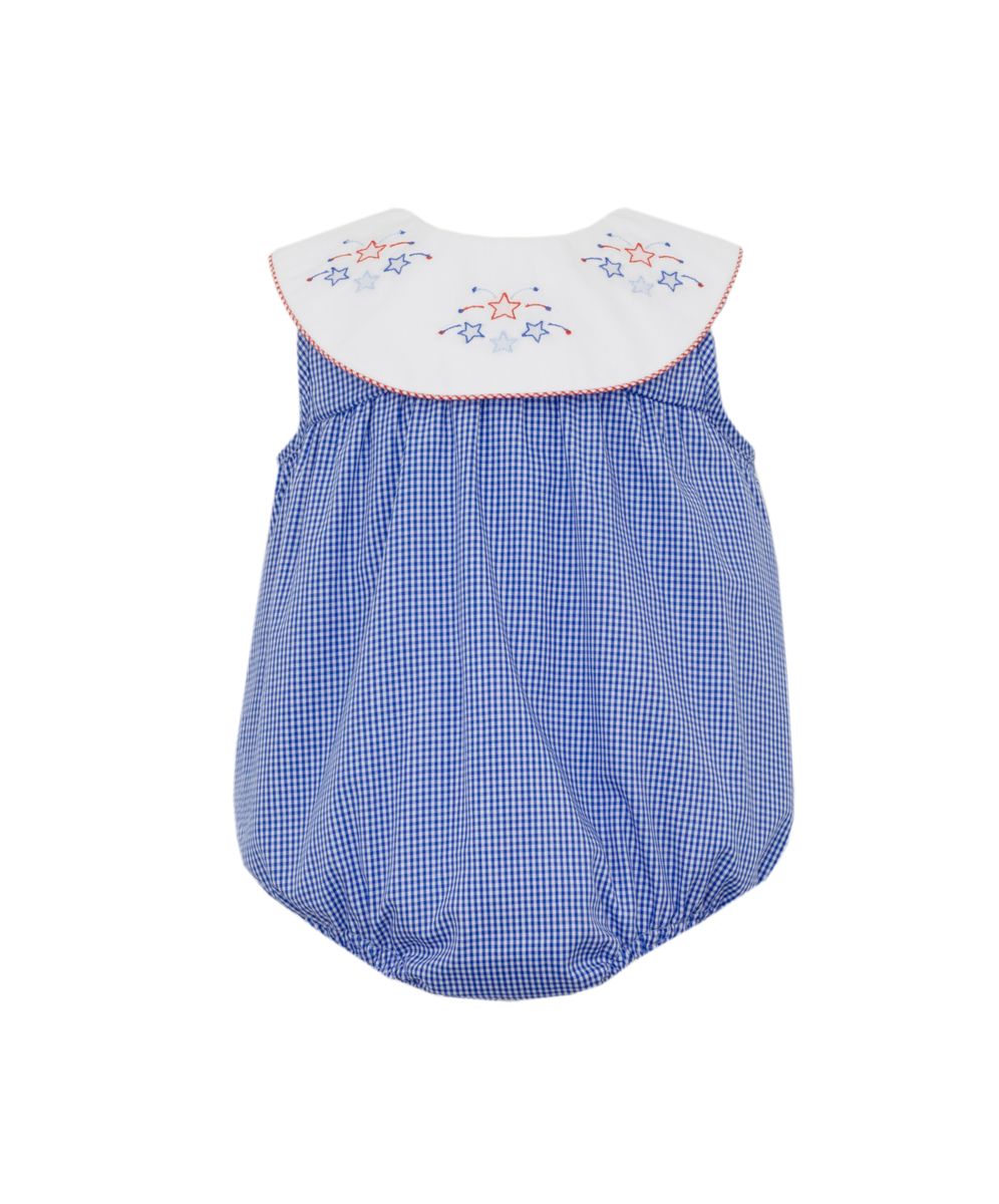 Girl's Stars Royal Blue Microcheck Round Bib Collar Bubble