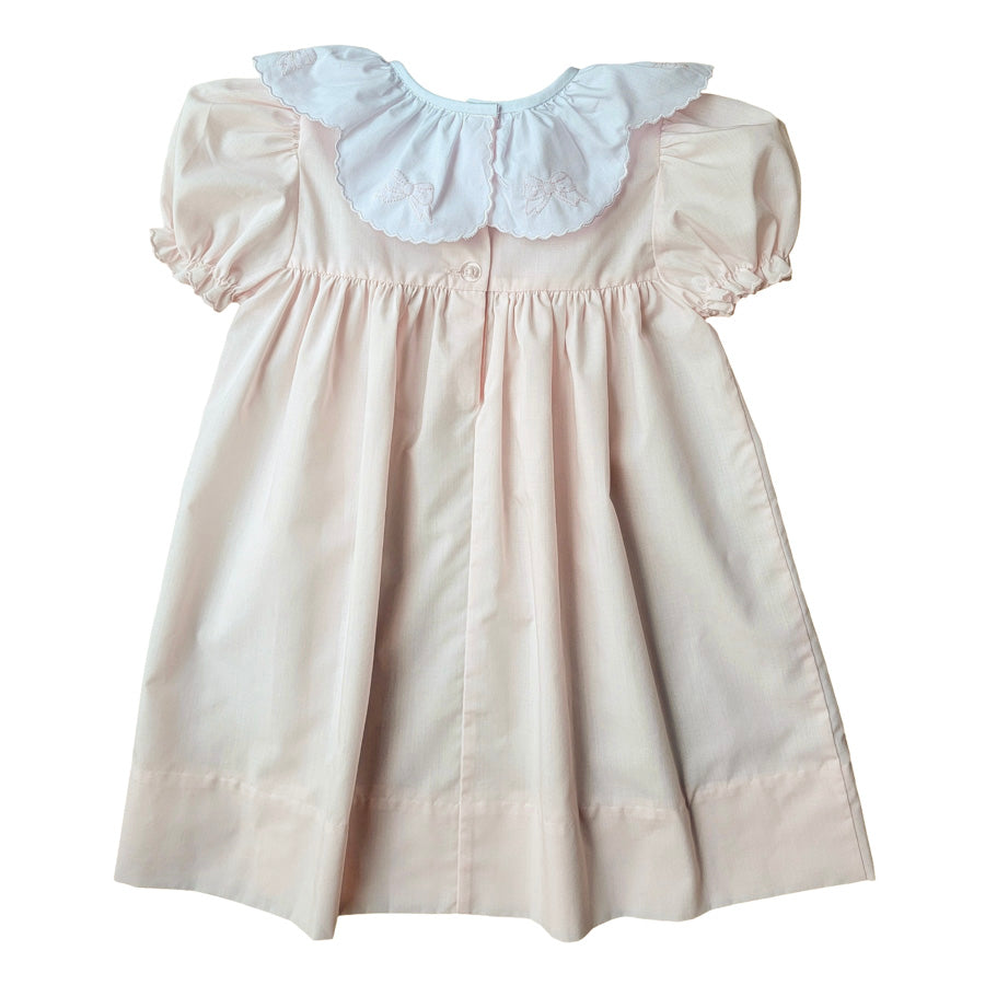 Short Sleeve Scallop Collar Pink Dress with Bow Ribbon Embroidery