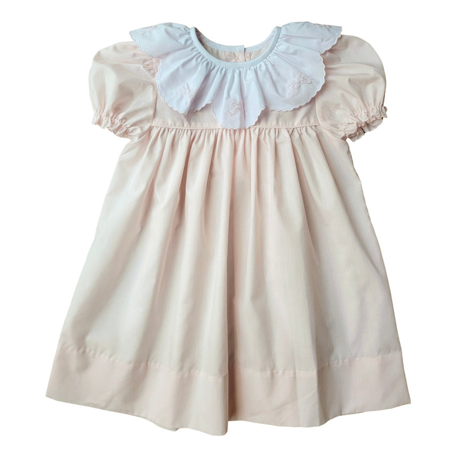 Short Sleeve Scallop Collar Pink Dress with Bow Ribbon Embroidery