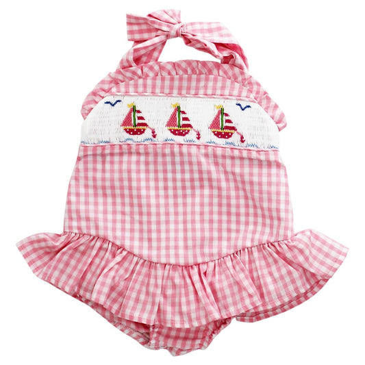 Smocked Sailboat Pink Swimsuit with Ruffle