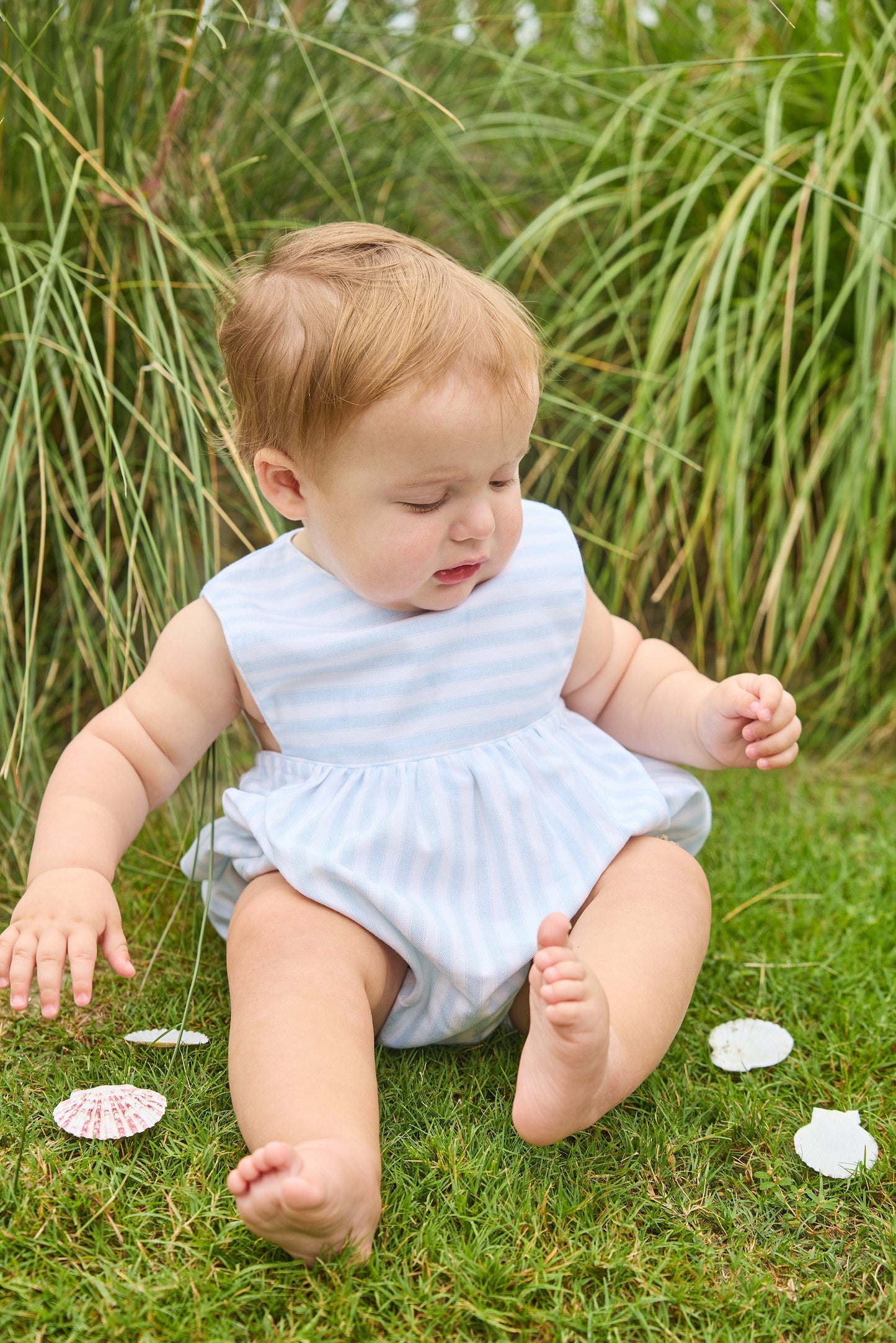 Little English traditional children's clothing. Light blue and white striped sleeveless bubble for baby boy for Summer