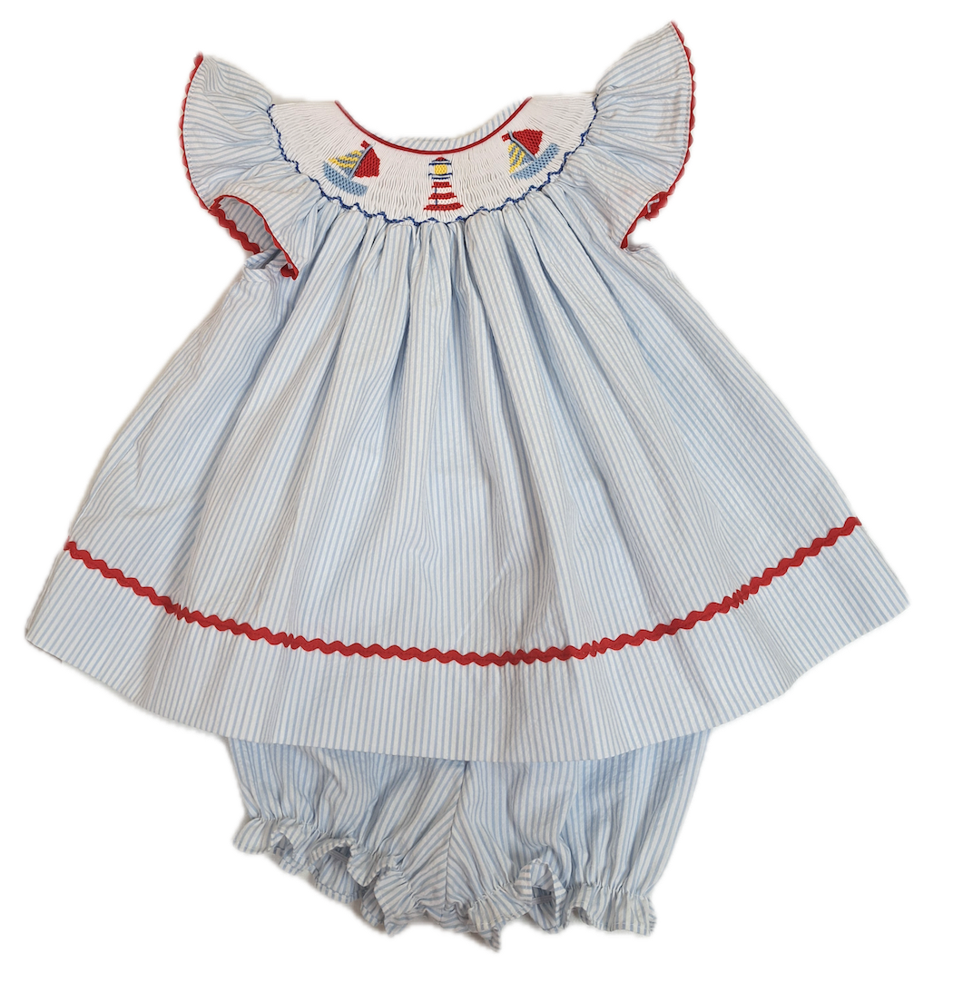 Girl's Sailboat Smocked Bishop Blue Seersucker Dress
