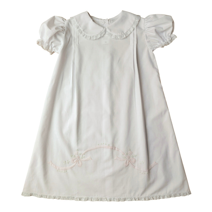 Collared Long Daygown with Lace Detail and Ribbon Flower Embroidery