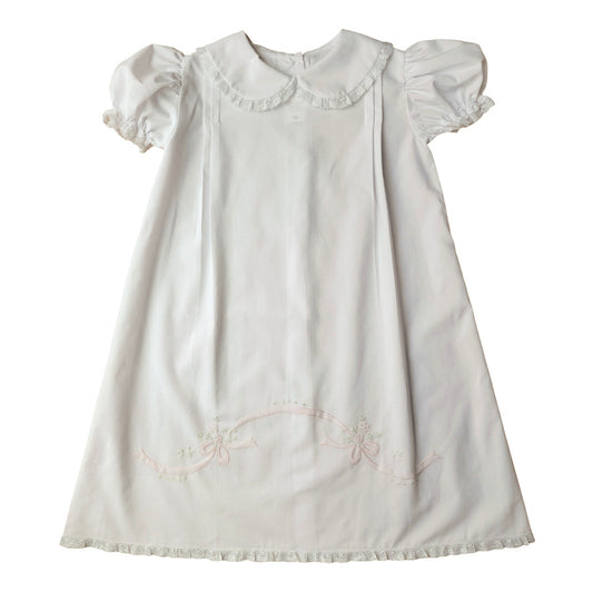 Collared Long Daygown with Lace Detail and Ribbon Flower Embroidery