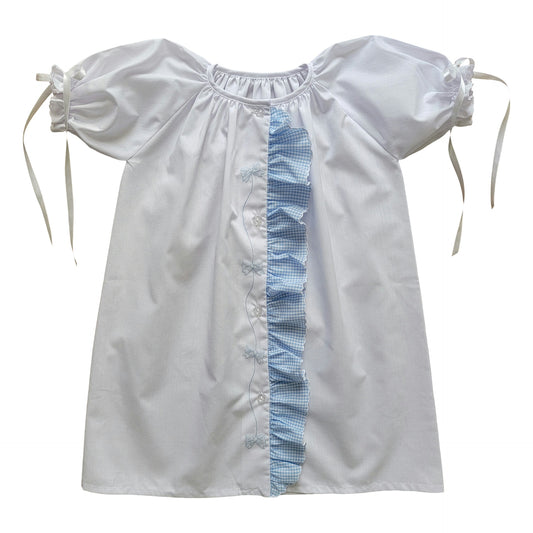 Daygown with Blue Check Ruffle and Bow String Embroidery