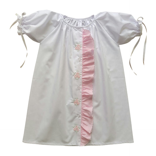 Daygown with Pink Check Ruffle and Satin Flower Embroidery