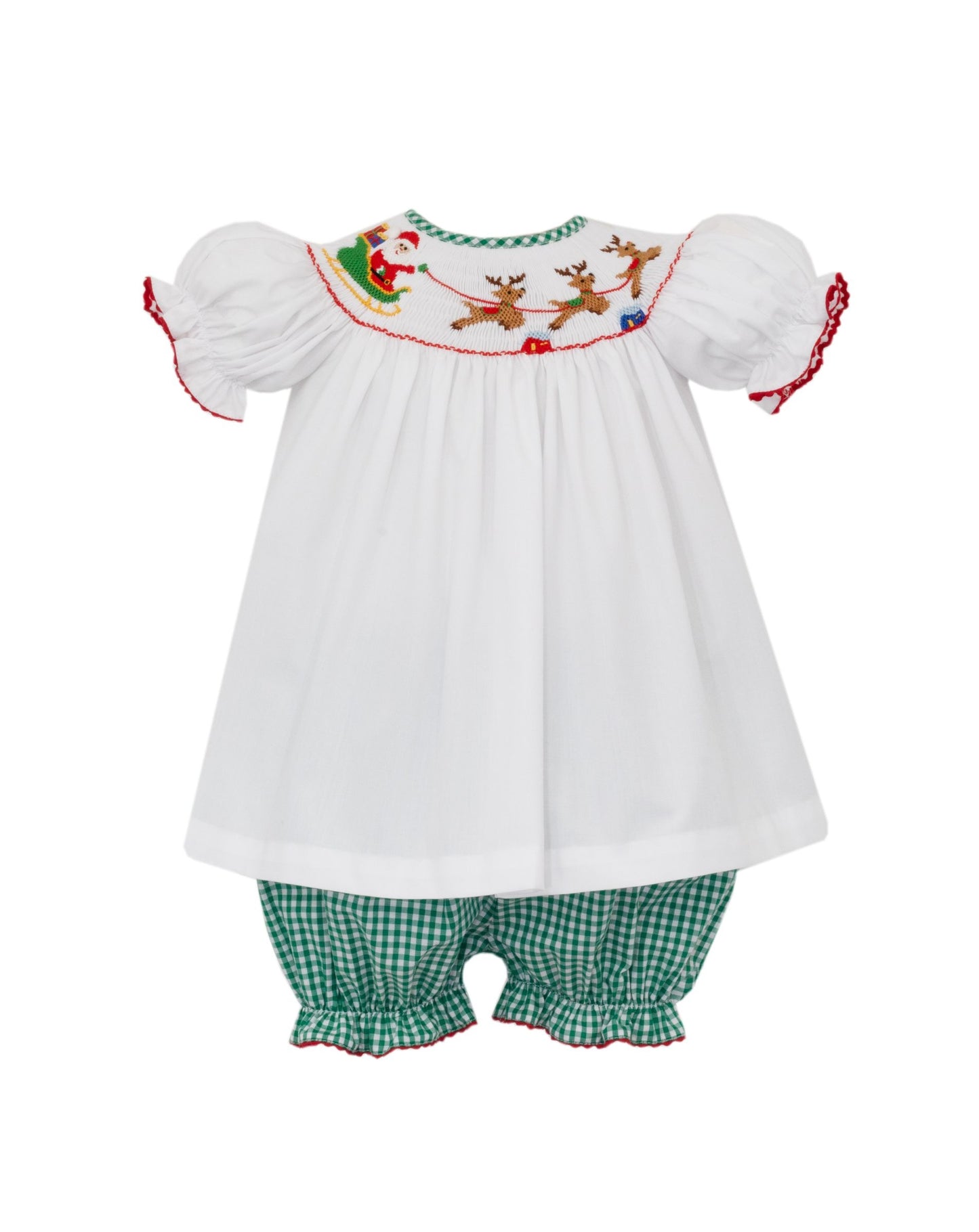 Santa Sleigh Green Gingham Bishop Bloomer Set