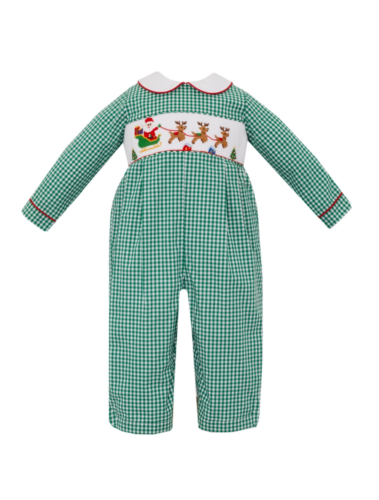 Santa Sleigh Boy Green Gingham Long Romper