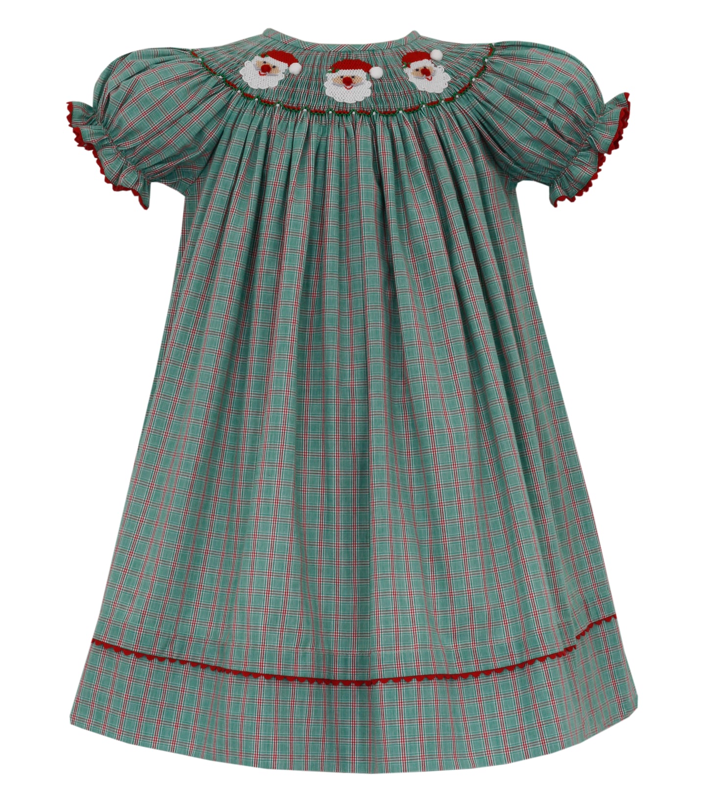 Girl Santa Face Bishop Green & Red Plaid Dress
