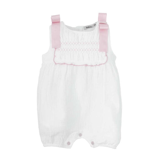White Muslin Romper with Pink Satin Ribbon