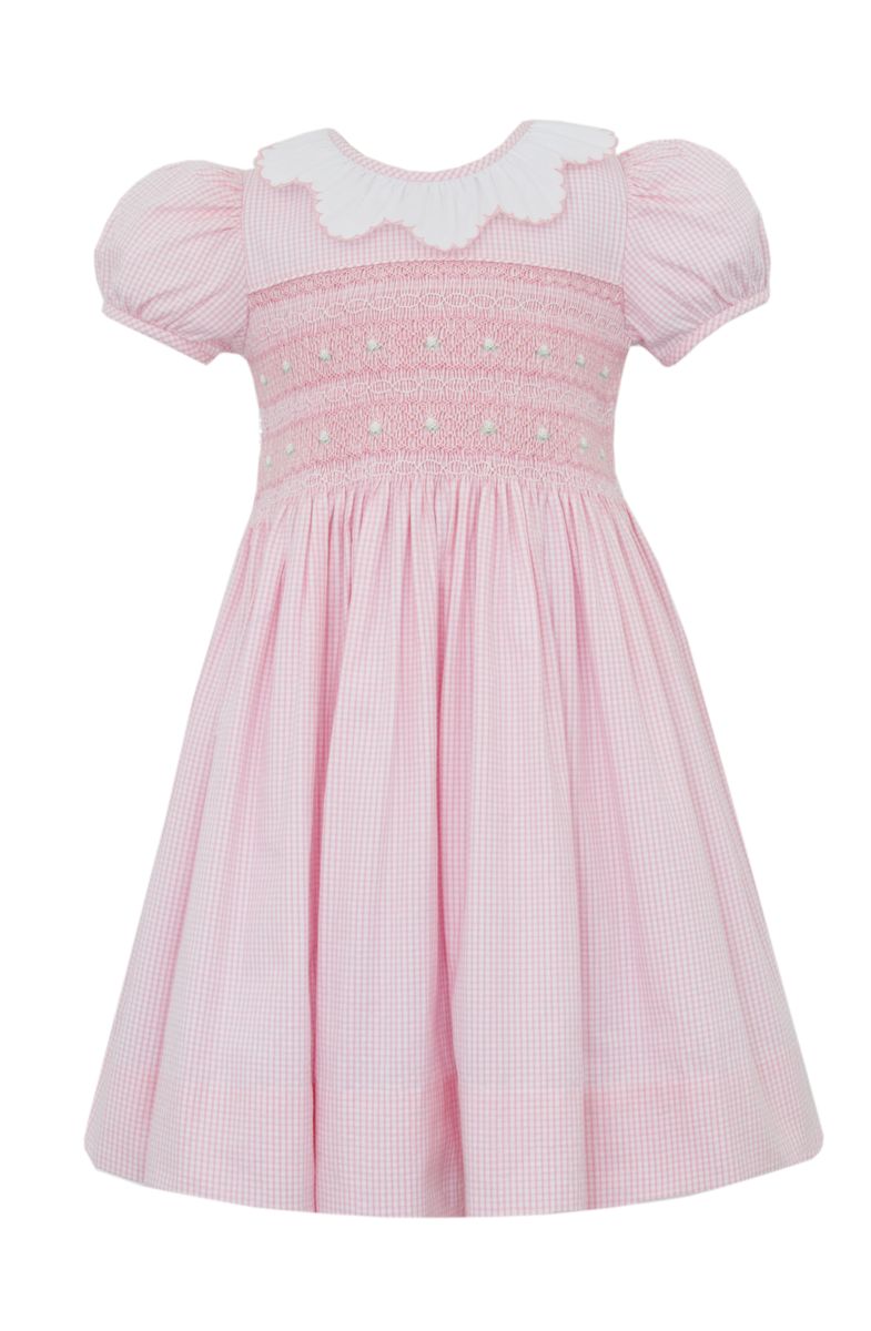 Pink Gingham Seersucker Smocked Pointed Scallop Collar Dress