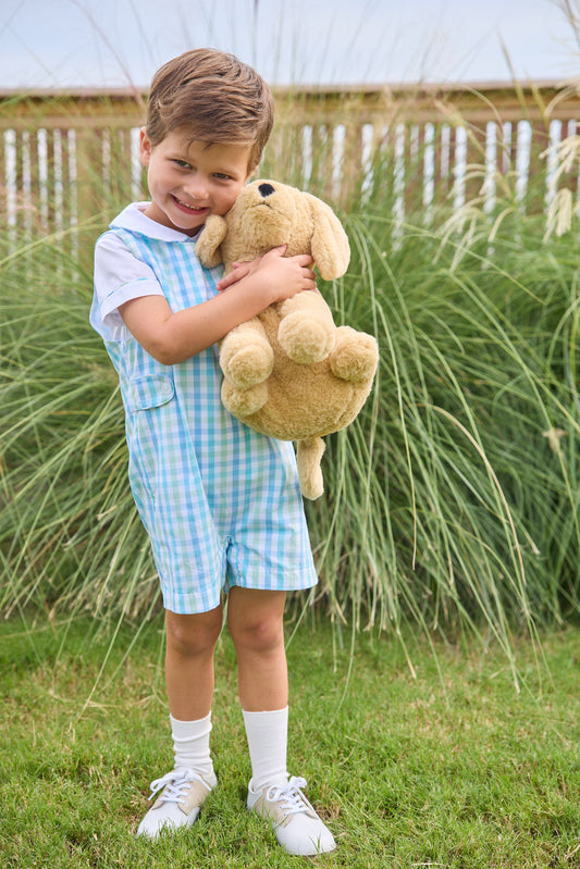 Little English traditional children's clothing. Classic button tab john john set for toddler boys with white peter pan short-sleeve shirt and aqua and green plaid john john