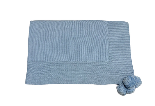Knit Baby Blanket with Pompoms, Blue