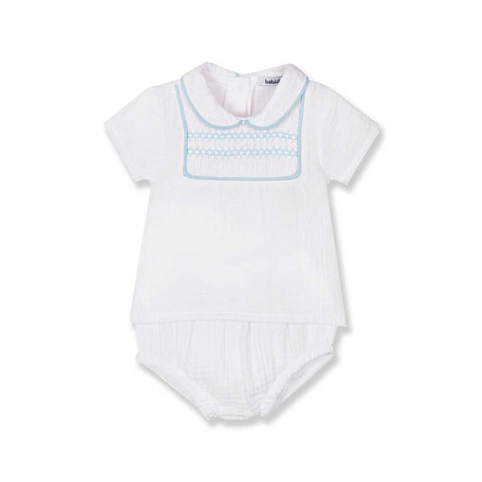 White Muslin and Blue Smocked Diaper Set
