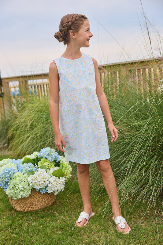 Little English traditional children's clothing. Aqua, green, and yellow floral sleeveless dress for girls