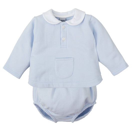 Blue Long Sleeve Collared Front Pocket Diaper Set