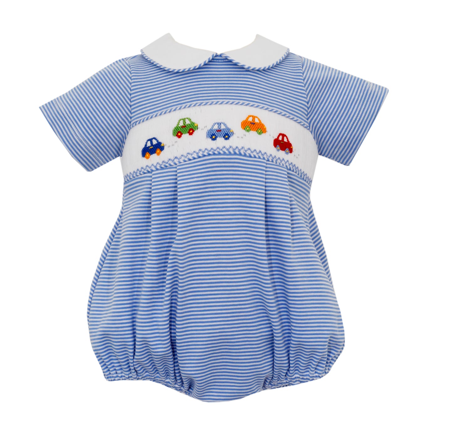 Boy Short Sleeve Cars Smocked Blue Stripe Knit Bubble