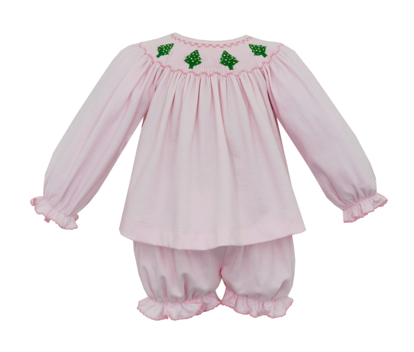Girl Long Sleeve Bishop Smocked Trees Pink Bloomer Set