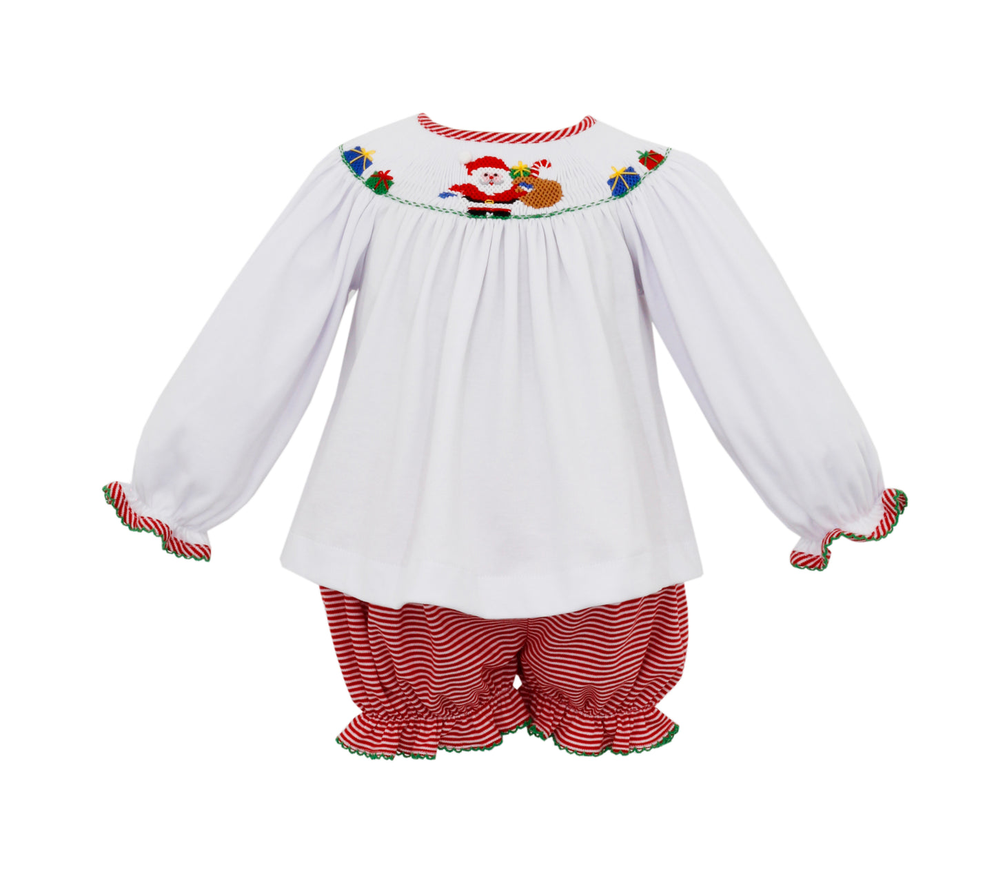 Girl Long Sleeve Bishop Smocked Santa Red Stripe Set