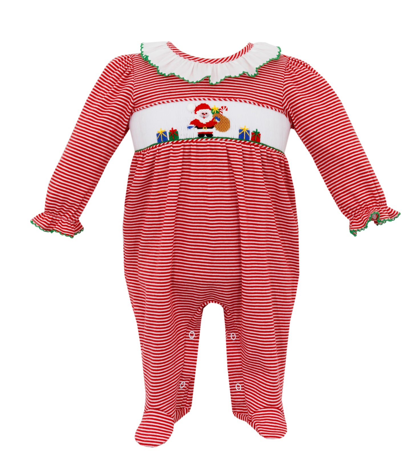 Girl Smocked Santa Red Stripe Footie