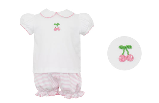 Cherries Pink Stripe Knit Short Sleeve Bloomer Set