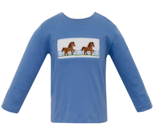 Boy's Horses Smocked Periwinkle Blue Long Sleeve T-Shirt