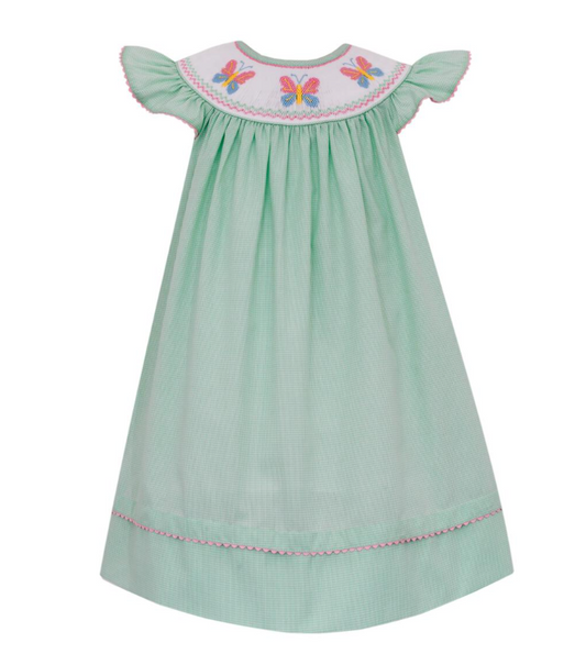Girl's Smocked Butterflies Green Mini Gingham Dress