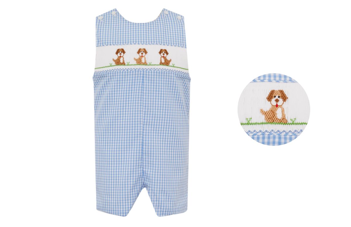 Boy's Dogs Smocked Blue Gingham John John
