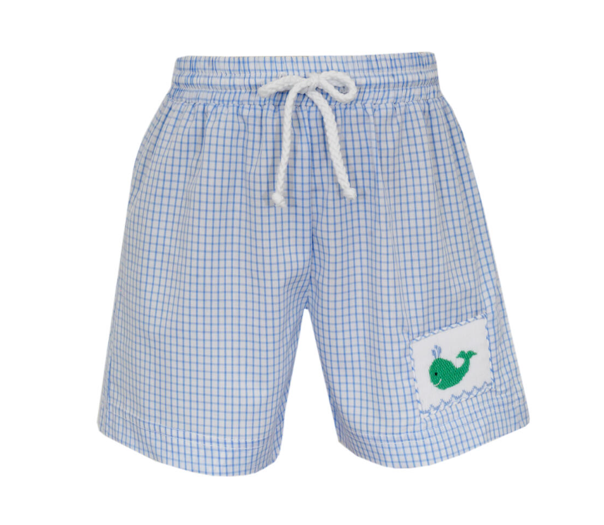 Boy's Smocked Whales Blue Check Swim Trunks