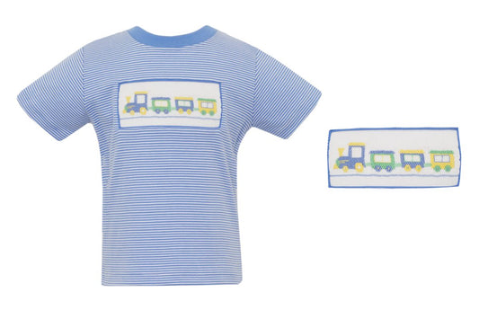 Trains Smocked Periwinkle Blue Stripe T-Shirt