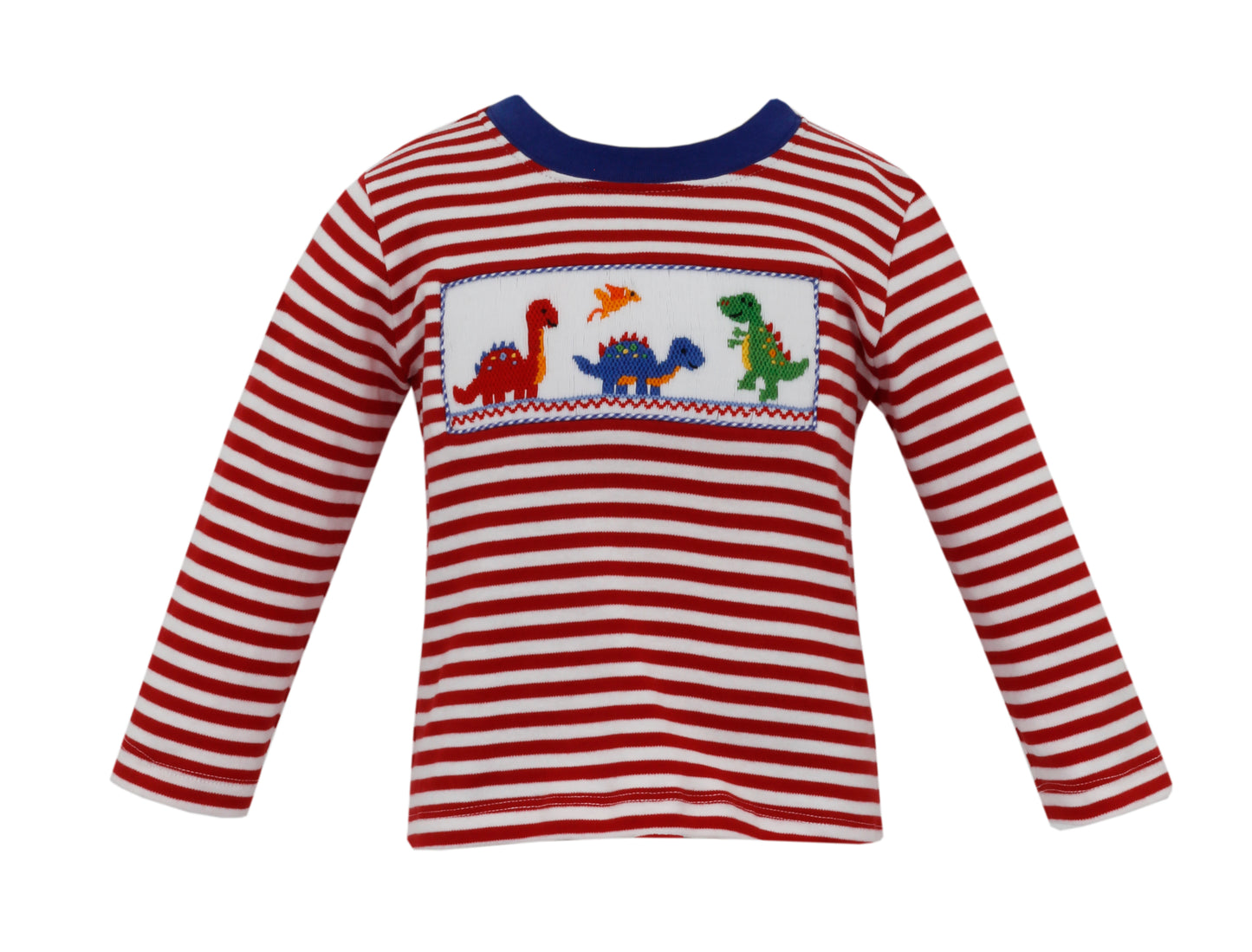 Boy Dinosaurs Smocked Red Stripe Long Sleeve T-Shirt