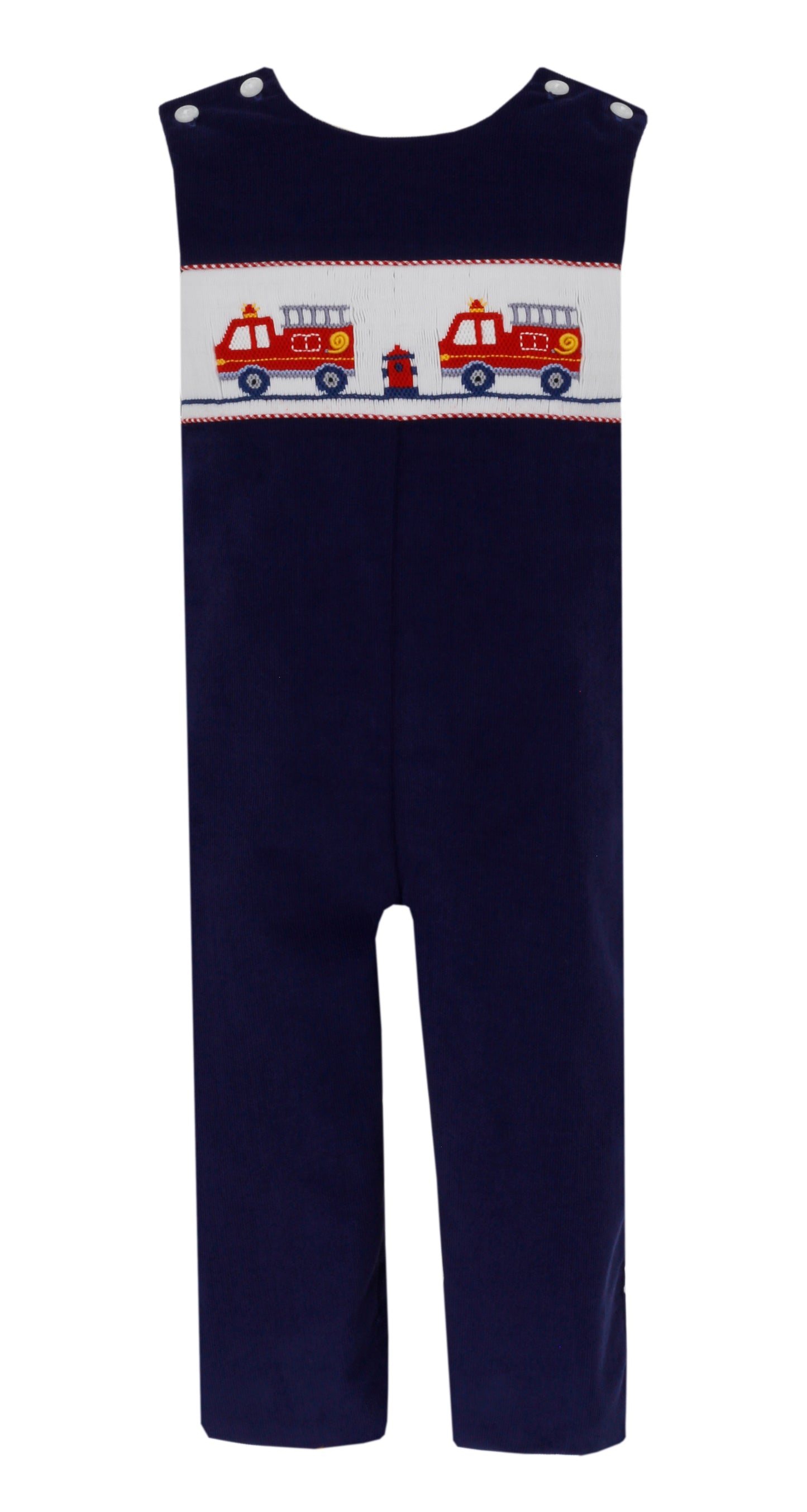 Boy Firetruck Navy Blue Cord Long John John