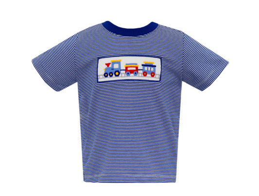 Boy's Smocked Train Royal Blue Stripe Short Set