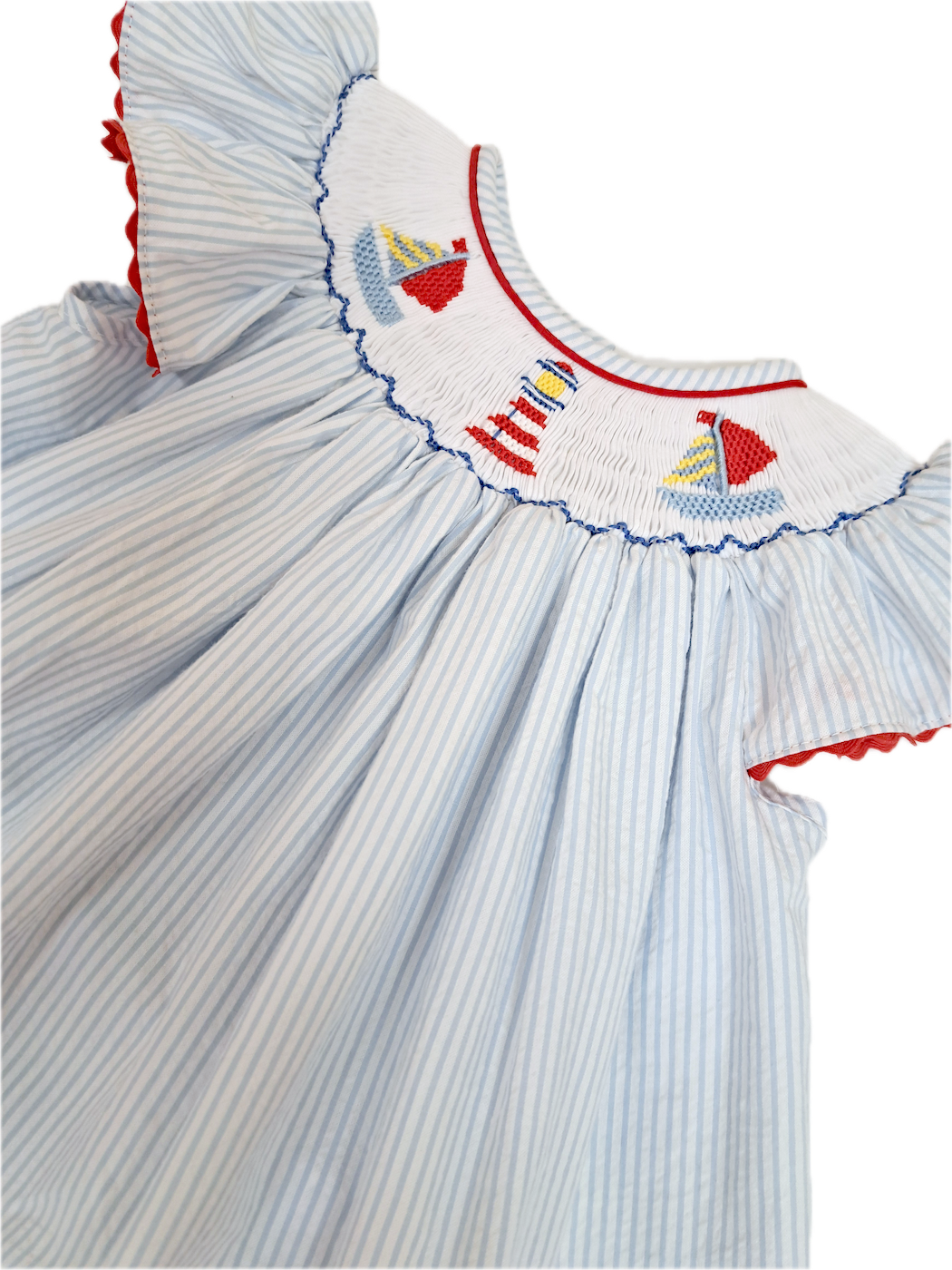 Girl's Sailboat Smocked Bishop Blue Seersucker Dress